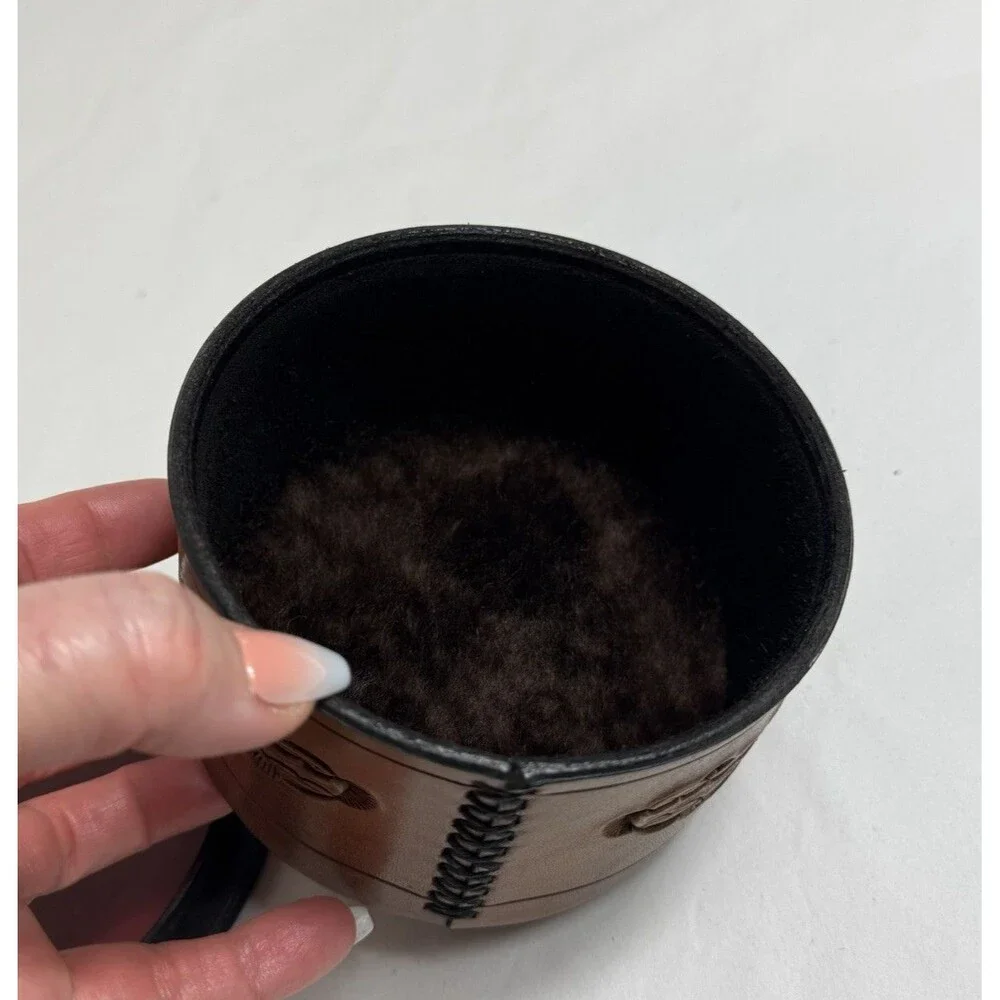 Vintage Leather Lidded Round Box Fur Lined 5 Inch Rare Trinket Jewelry Box